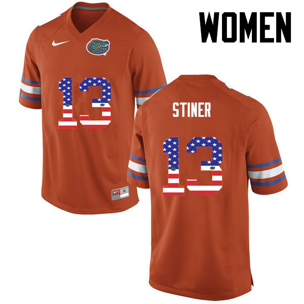 Women Florida Gators #13 Donovan Stiner College Football USA Flag Fashion Jerseys-Orange - Click Image to Close